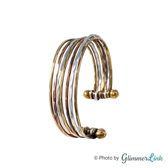 Tri Color 7 Band Hammered Metal Cuff Bracelet - Picture 6 of 8